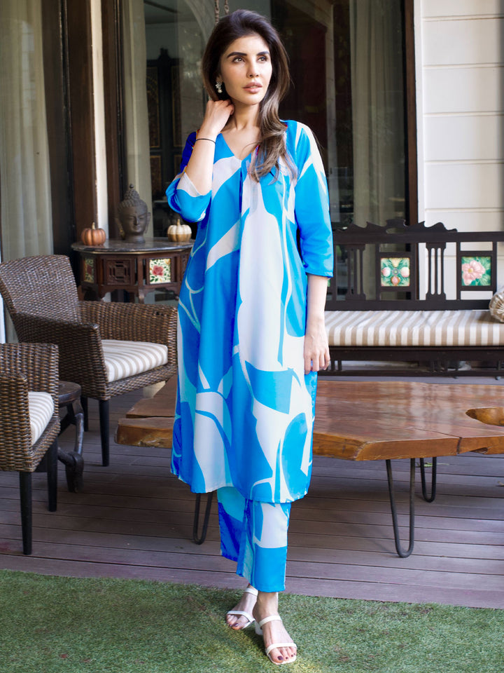 Blue Printed Rayon Straight Kurta Set