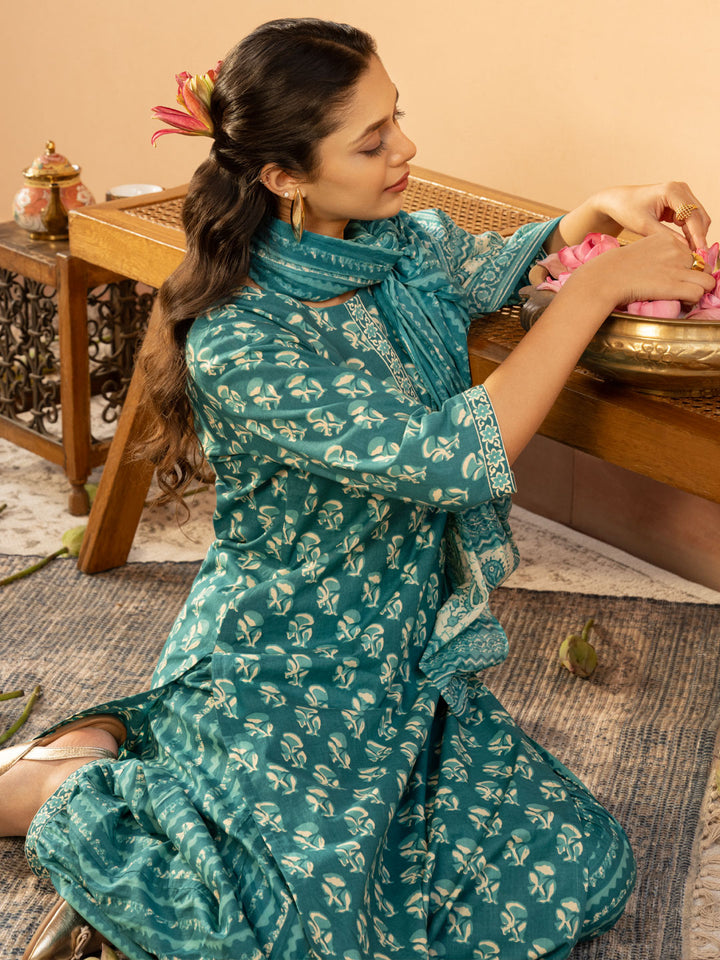 Teal Printed Cotton Straight Suit Set With Dupatta