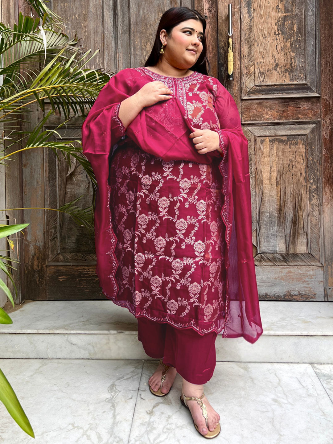 Plus Size Maroon Woven Design Organza Straight Suit With Dupatta