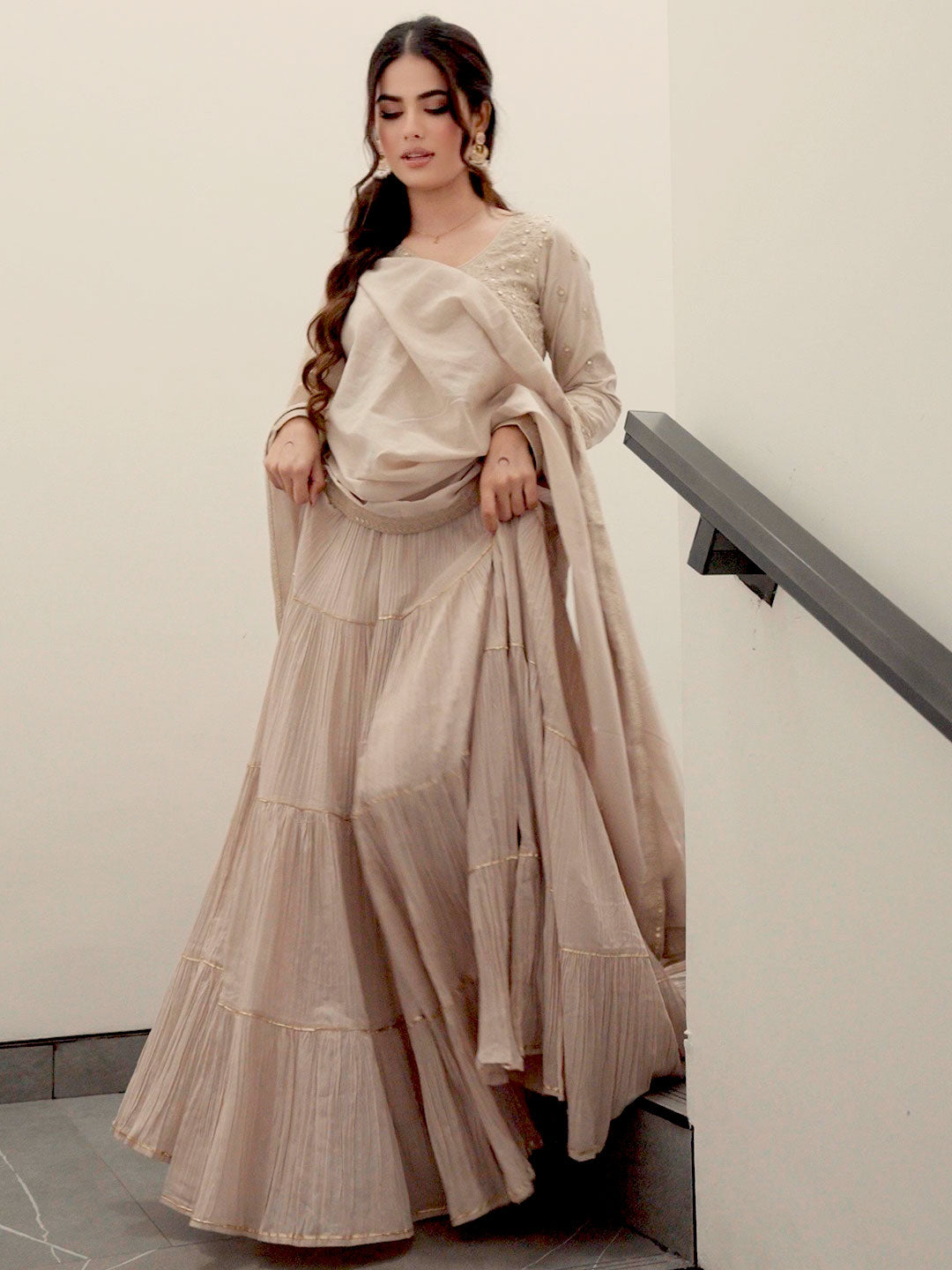Libas Art Grey Embroidered Cotton Blend A-Line Kurta With Trousers & Dupatta