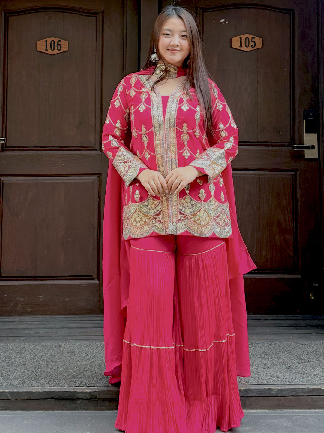Libas Art Pink Embroidered Chinon Straight Suit Set With Dupatta