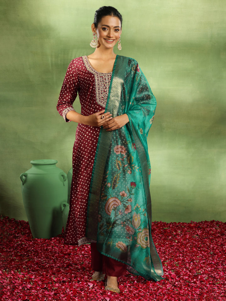 Maroon Printed Silk Blend Straight Suit With Dupatta