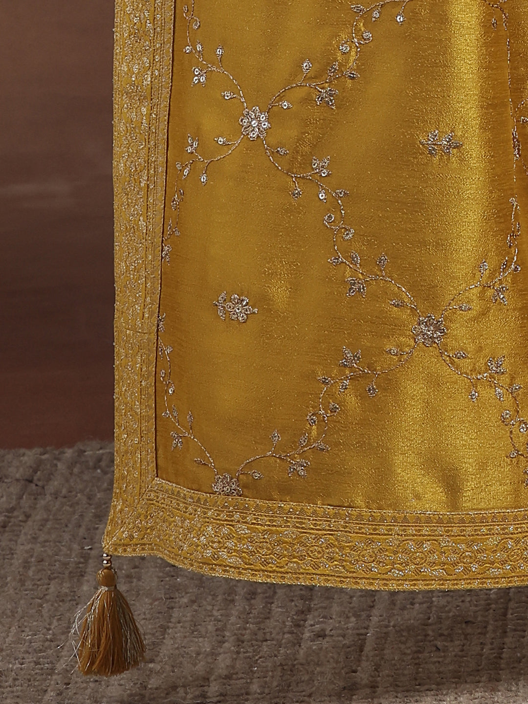 Mustard Embroidered Silk Blend A-Line Kurta With Palazzos & Dupatta