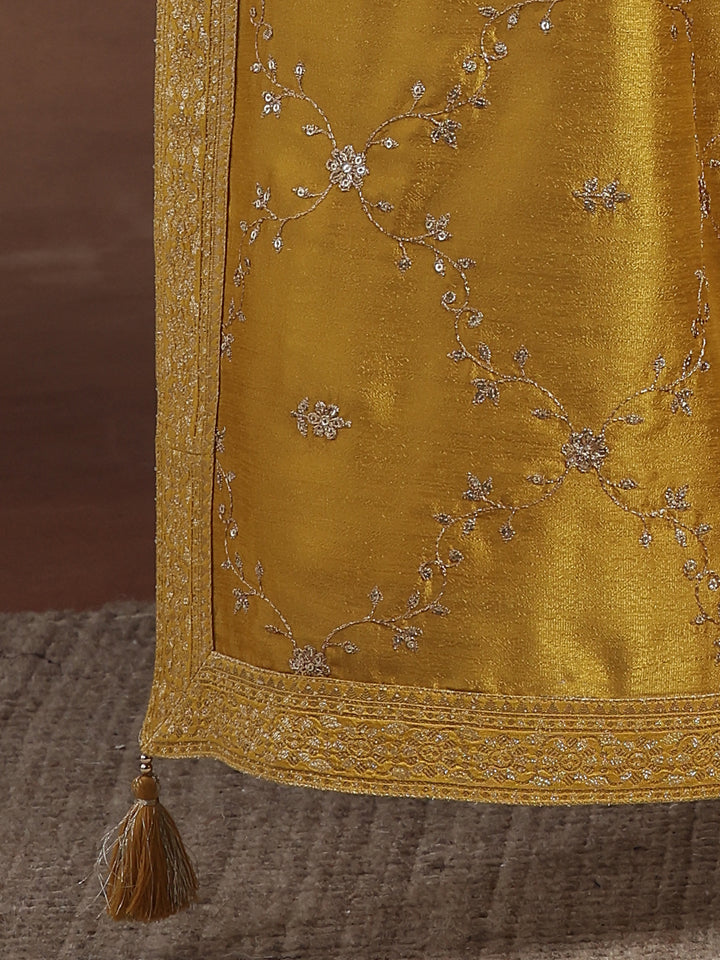 Mustard Embroidered Silk Blend A-Line Kurta With Palazzos & Dupatta