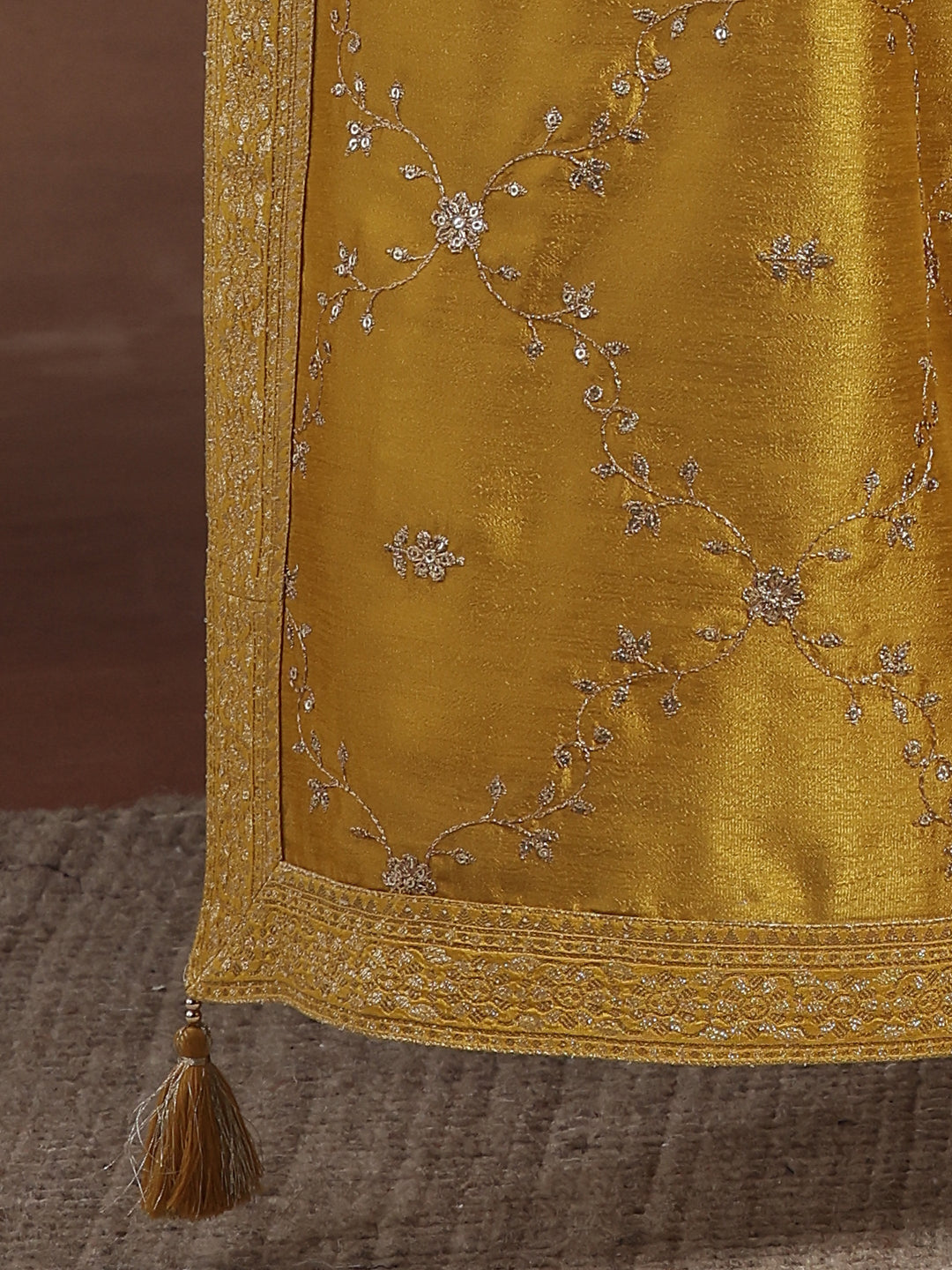 Mustard Embroidered Silk Blend A-Line Kurta With Palazzos & Dupatta