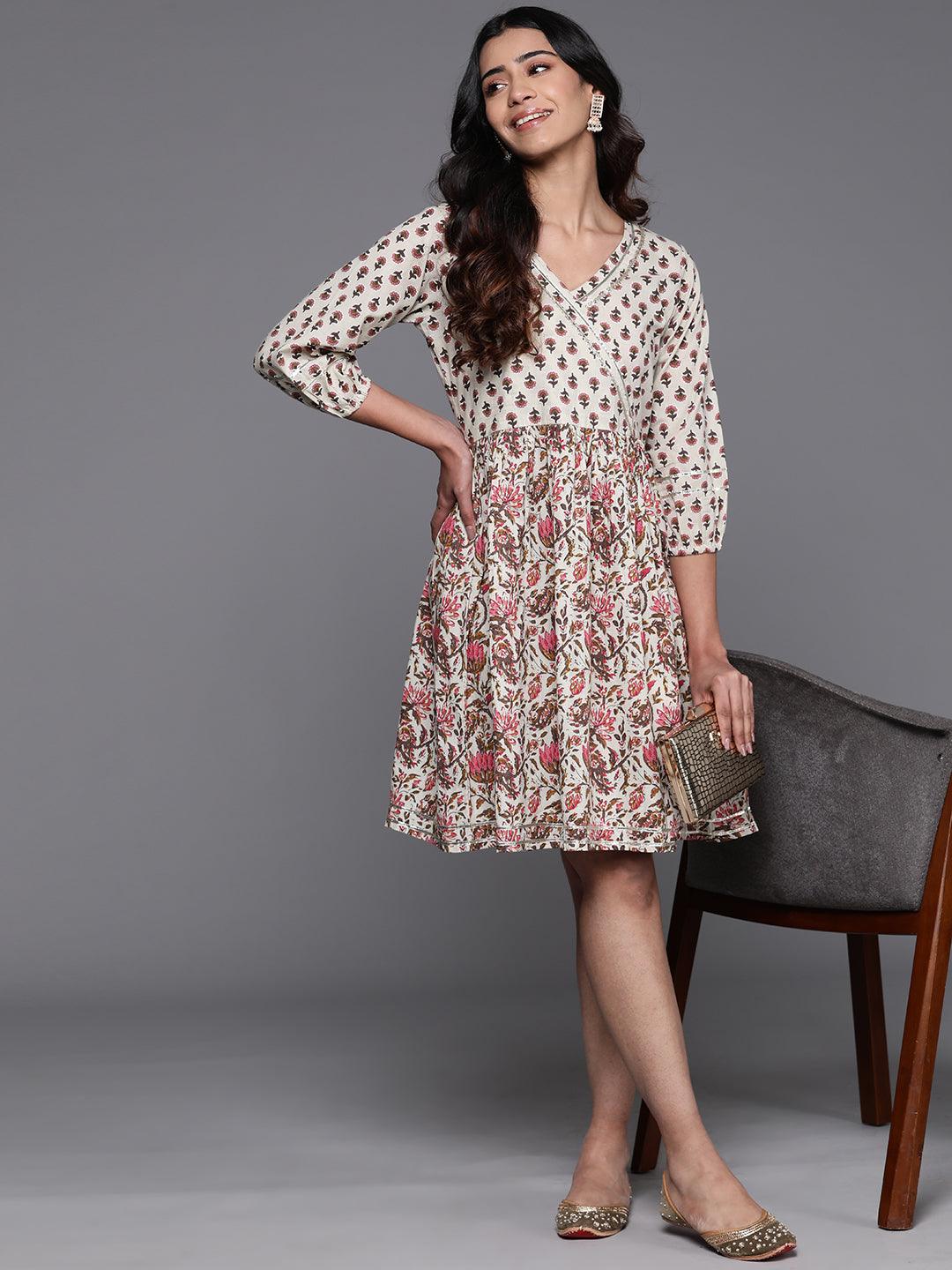 Beige Printed Cotton Fit and Flare Dress - ShopLibas