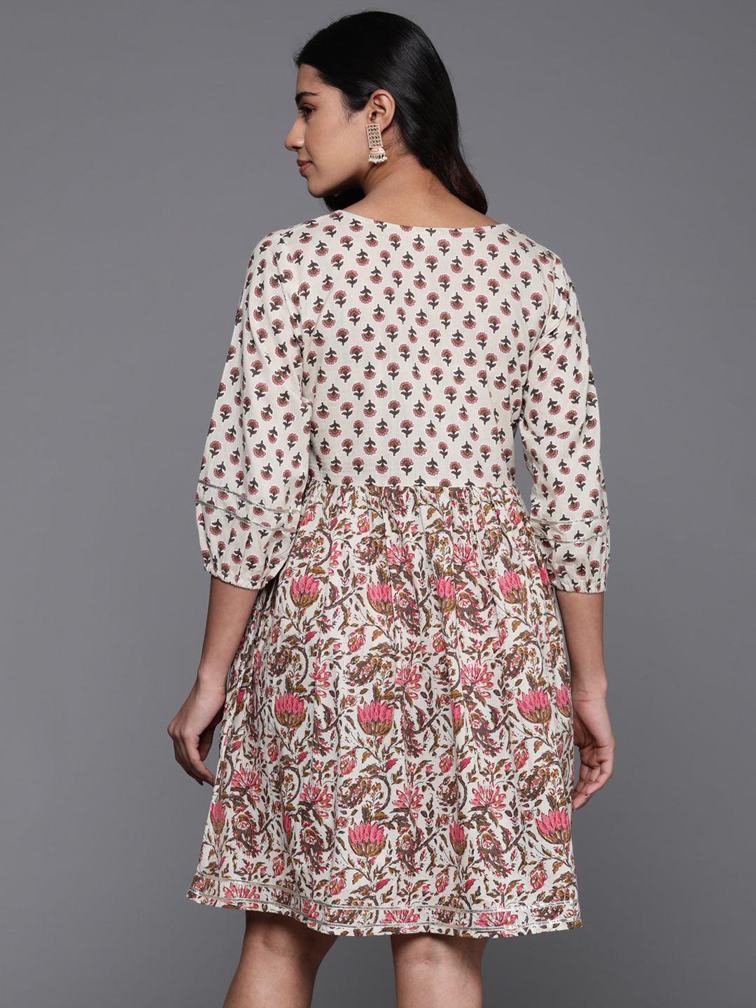 Beige Printed Cotton Fit and Flare Dress - ShopLibas