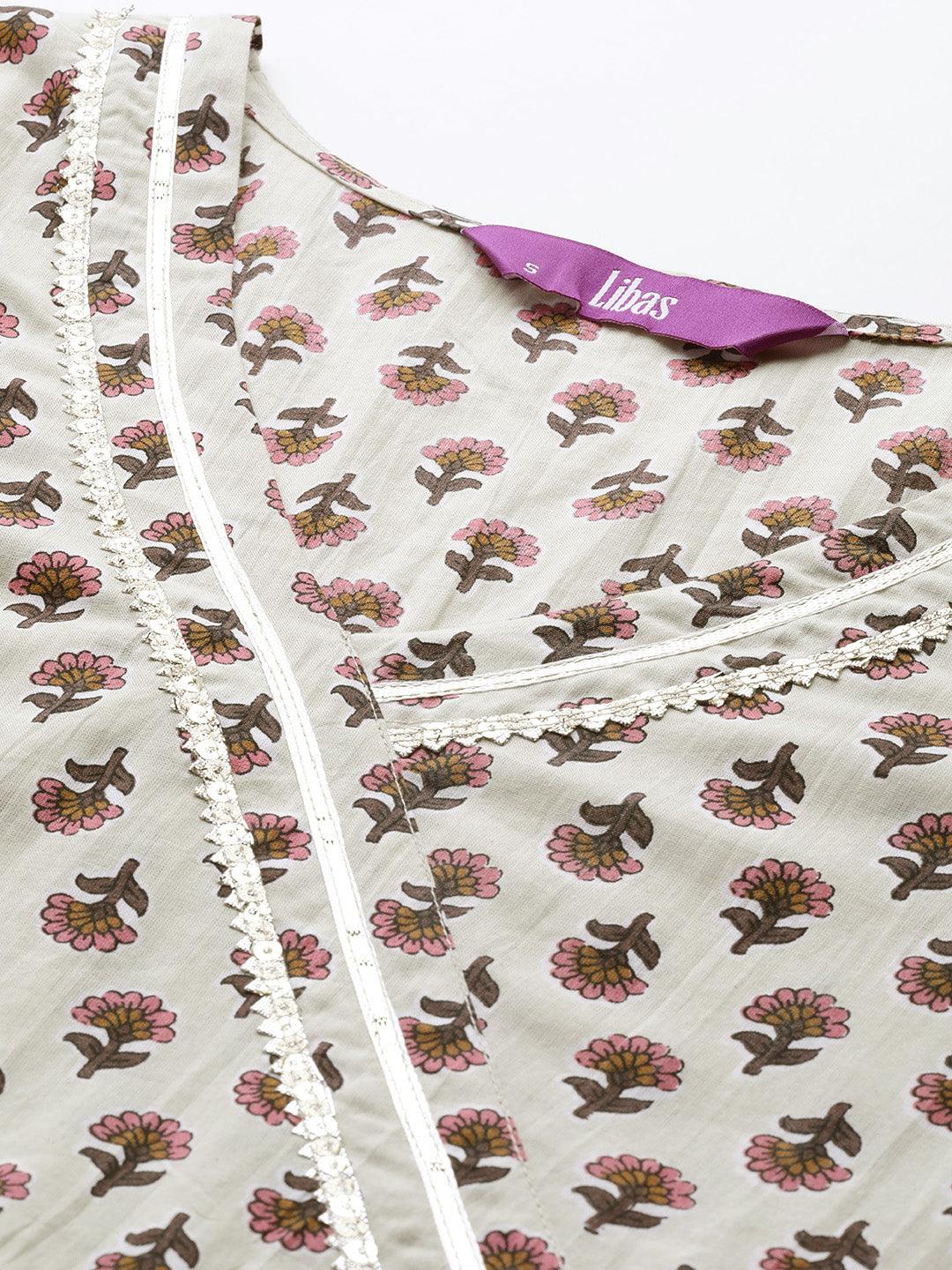 Beige Printed Cotton Fit and Flare Dress - ShopLibas