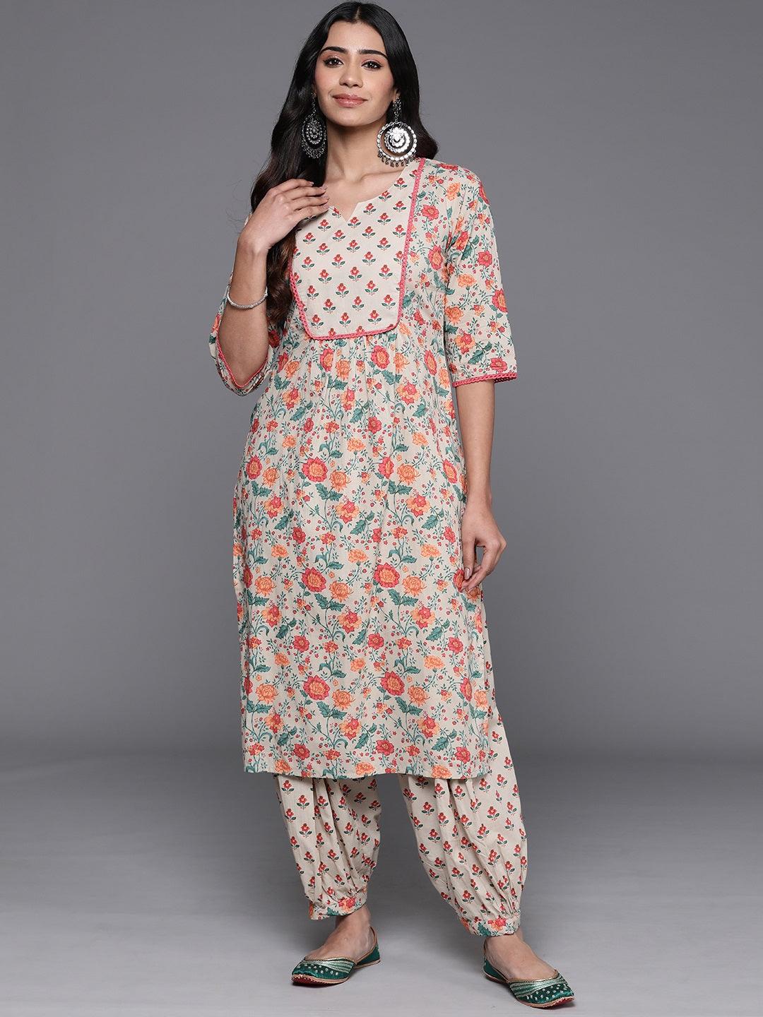 Beige Printed Cotton Straight Kurta With Salwar - ShopLibas