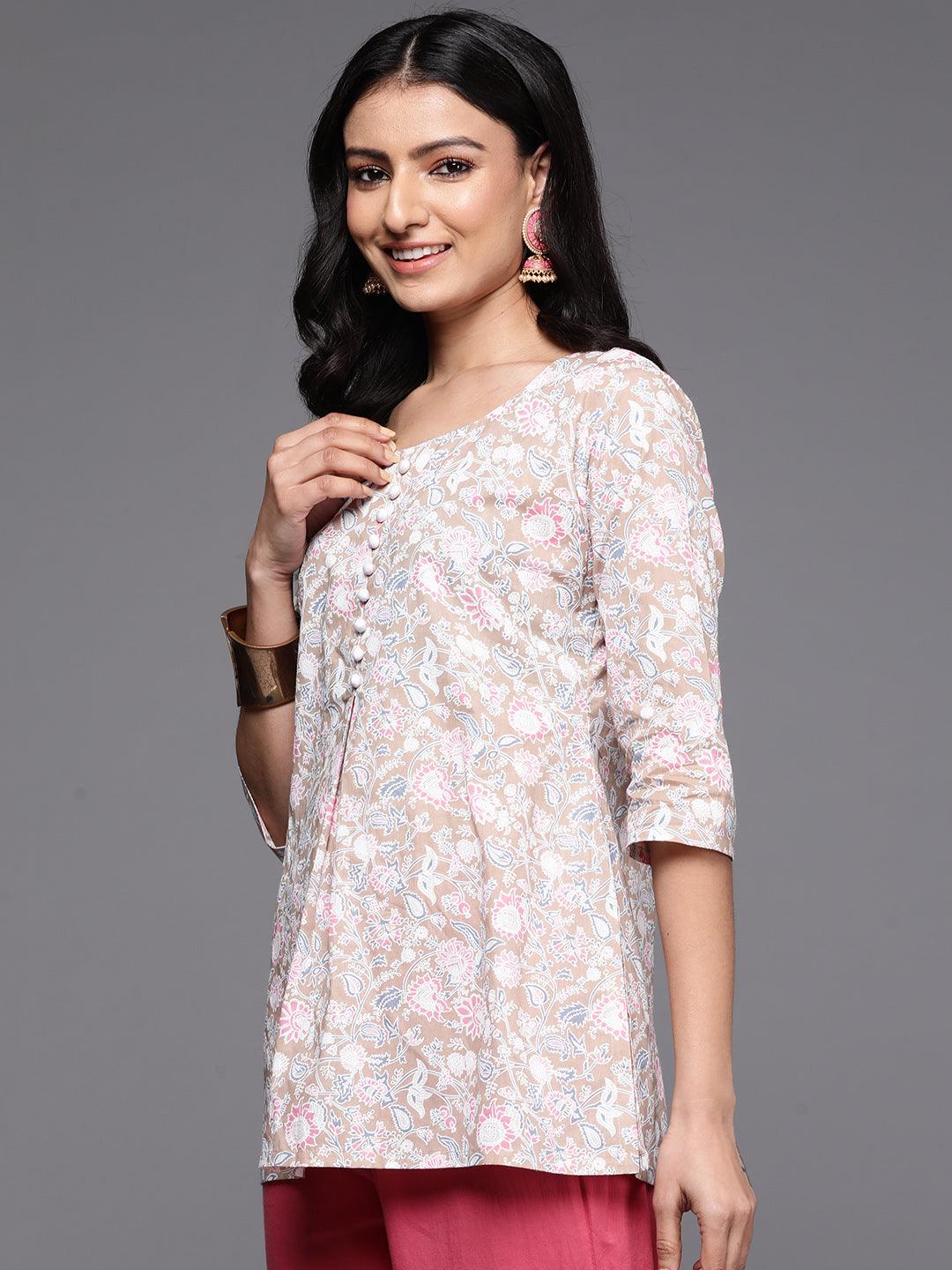 Beige Printed Cotton Straight Kurti - ShopLibas