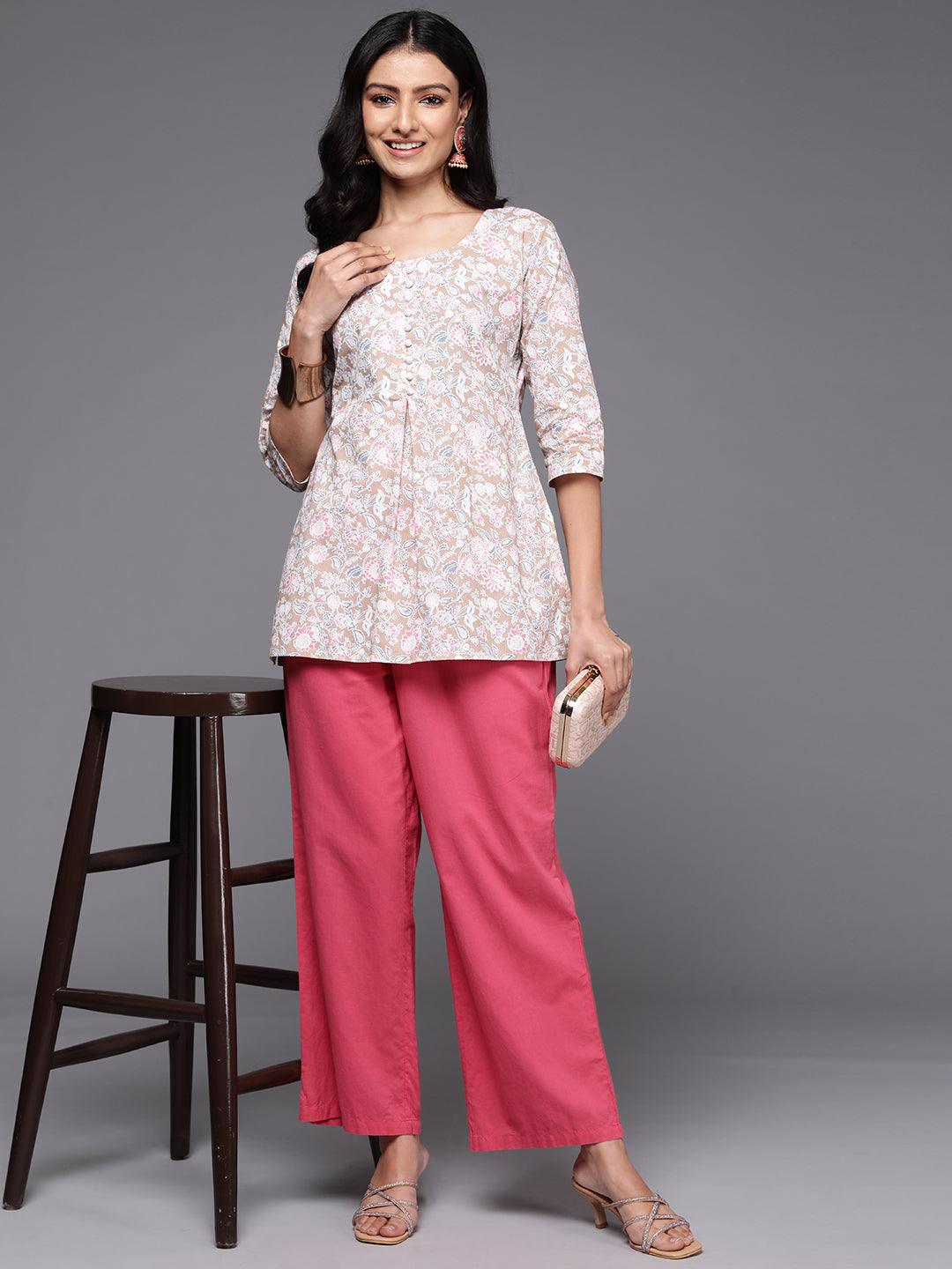 Beige Printed Cotton Straight Kurti - ShopLibas