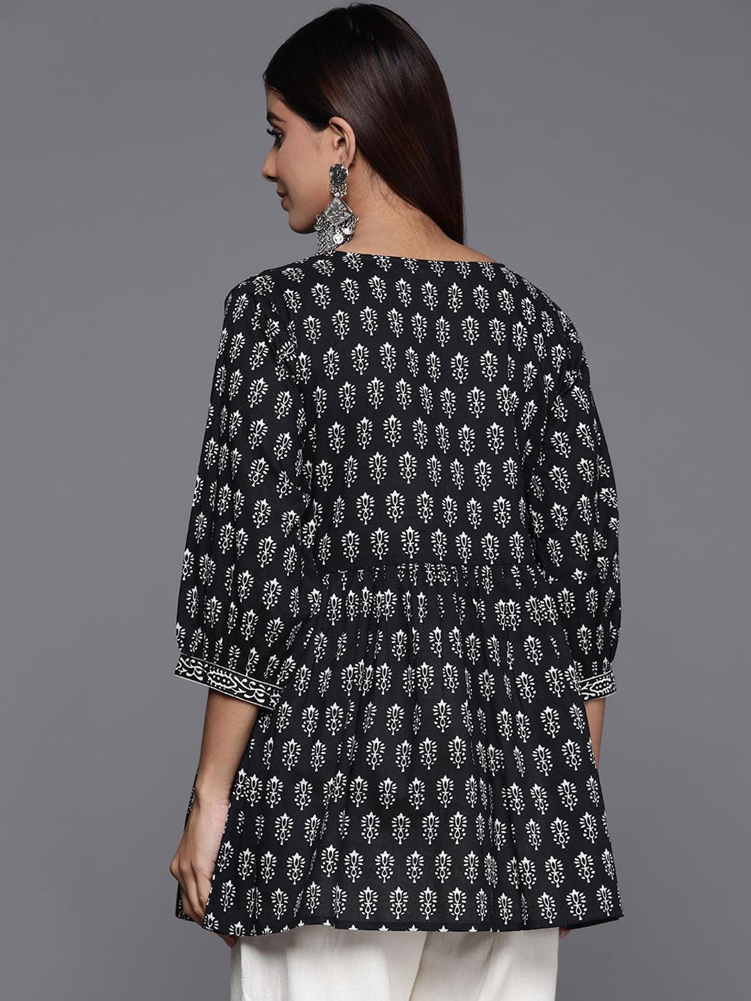 Black Printed Cotton A-Line Kurti - ShopLibas