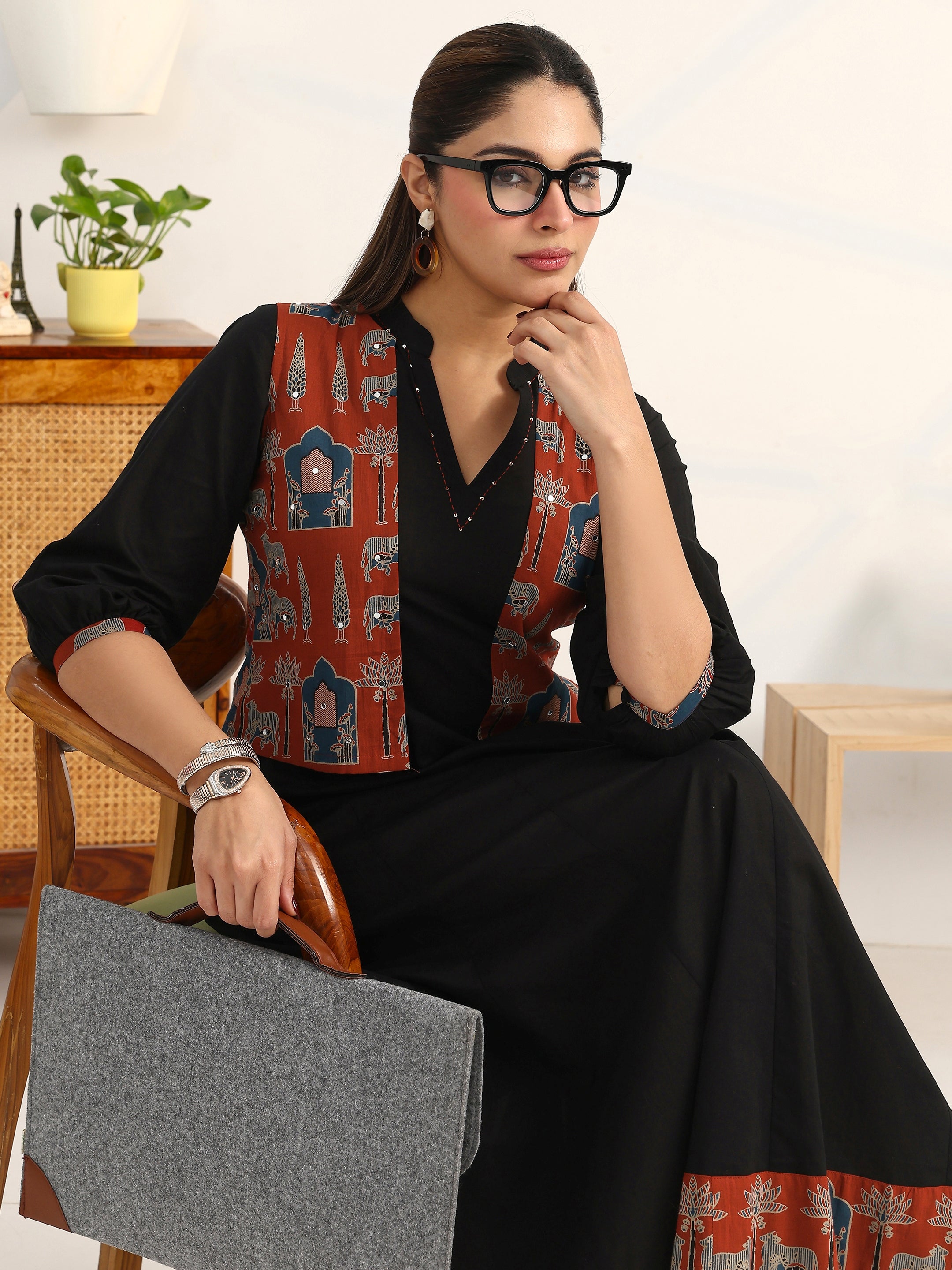 Buy Gerua Black Solid Cotton A-Line Puff Sleeves One Piece Dress With Jacket Online in USA at $20.00
