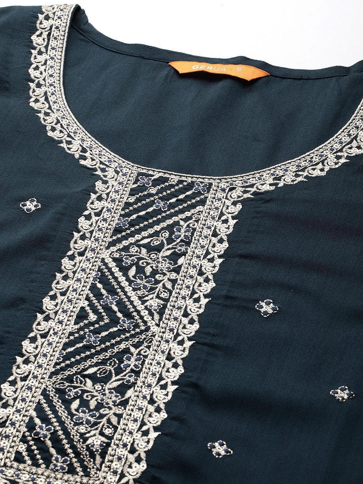 Blue Embroidered Silk Blend Straight Suit With Dupatta