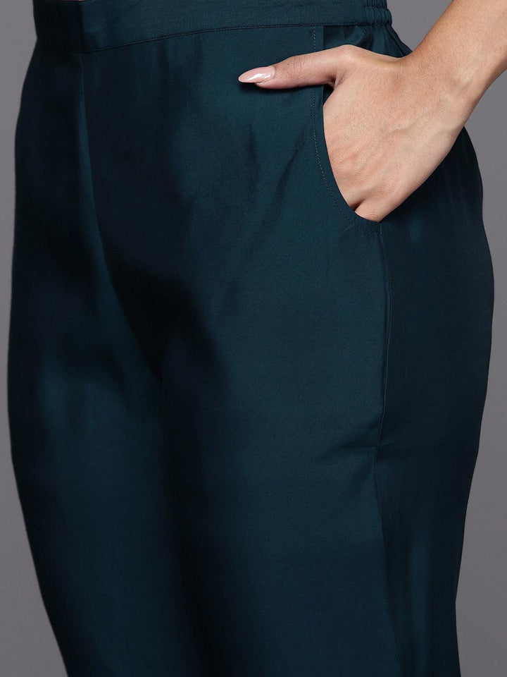 Blue Embroidered Silk Blend Straight Suit With Dupatta