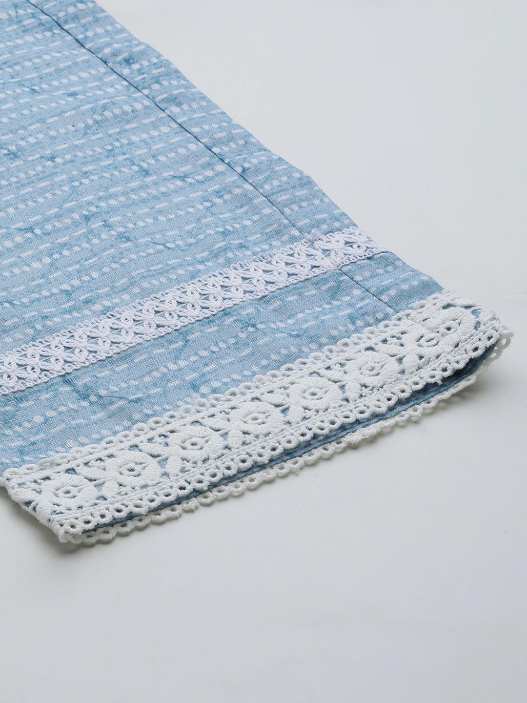 Blue Printed Cotton Blend A-Line Kurta With Trousers - ShopLibas