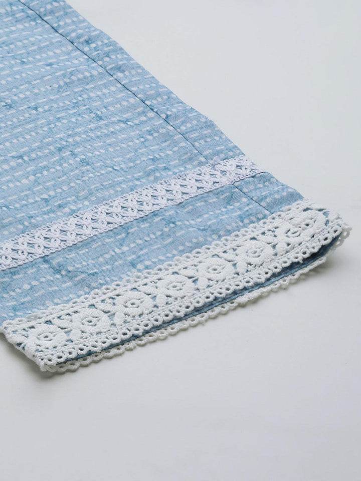 Blue Printed Cotton Blend A-Line Kurta With Trousers