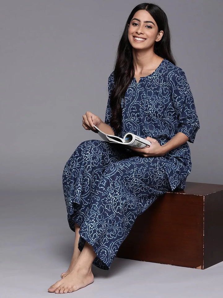 Blue Printed Cotton Night Suit