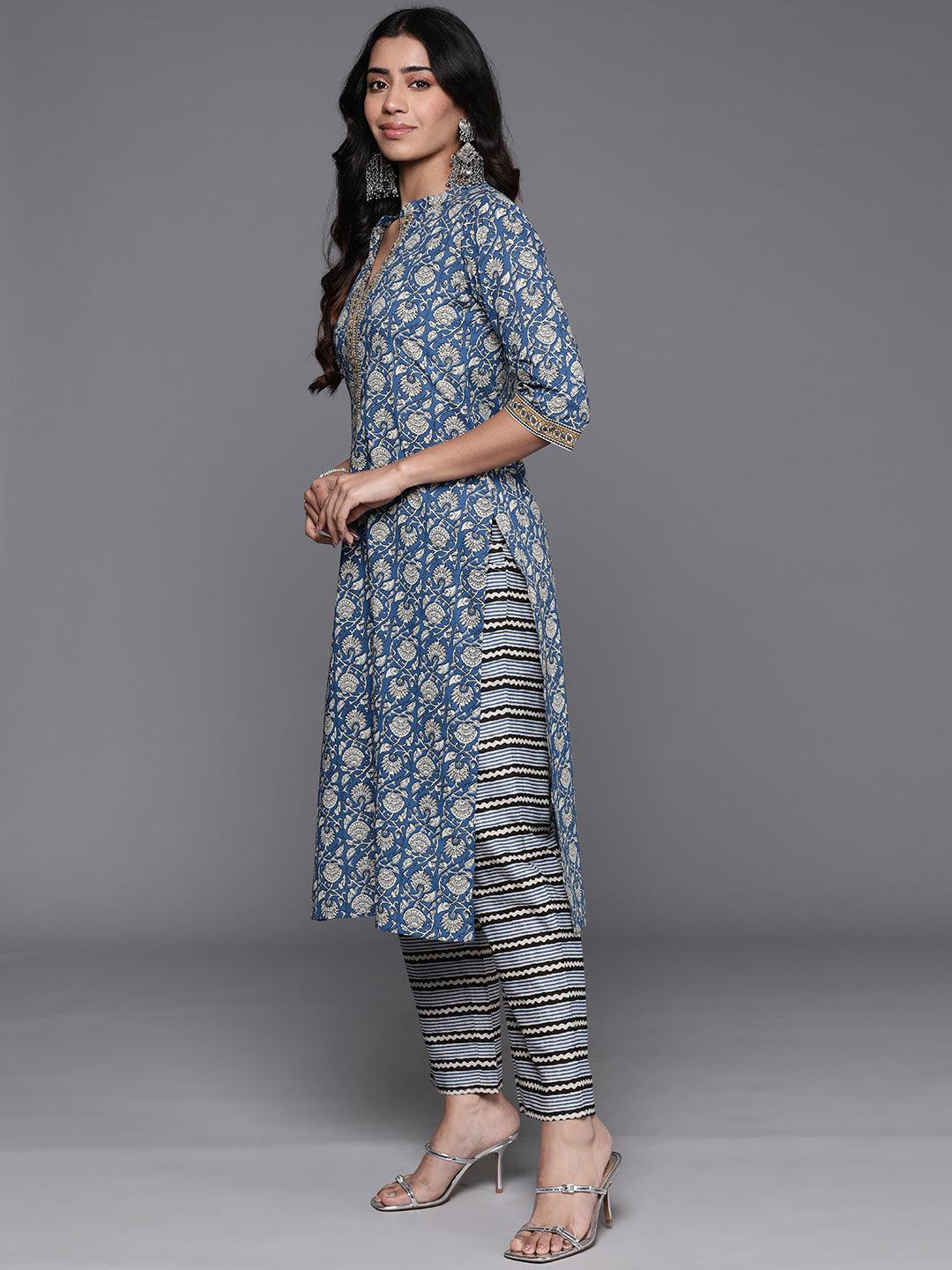 Blue Printed Cotton Straight Kurta With Trousers & Dupatta - ShopLibas