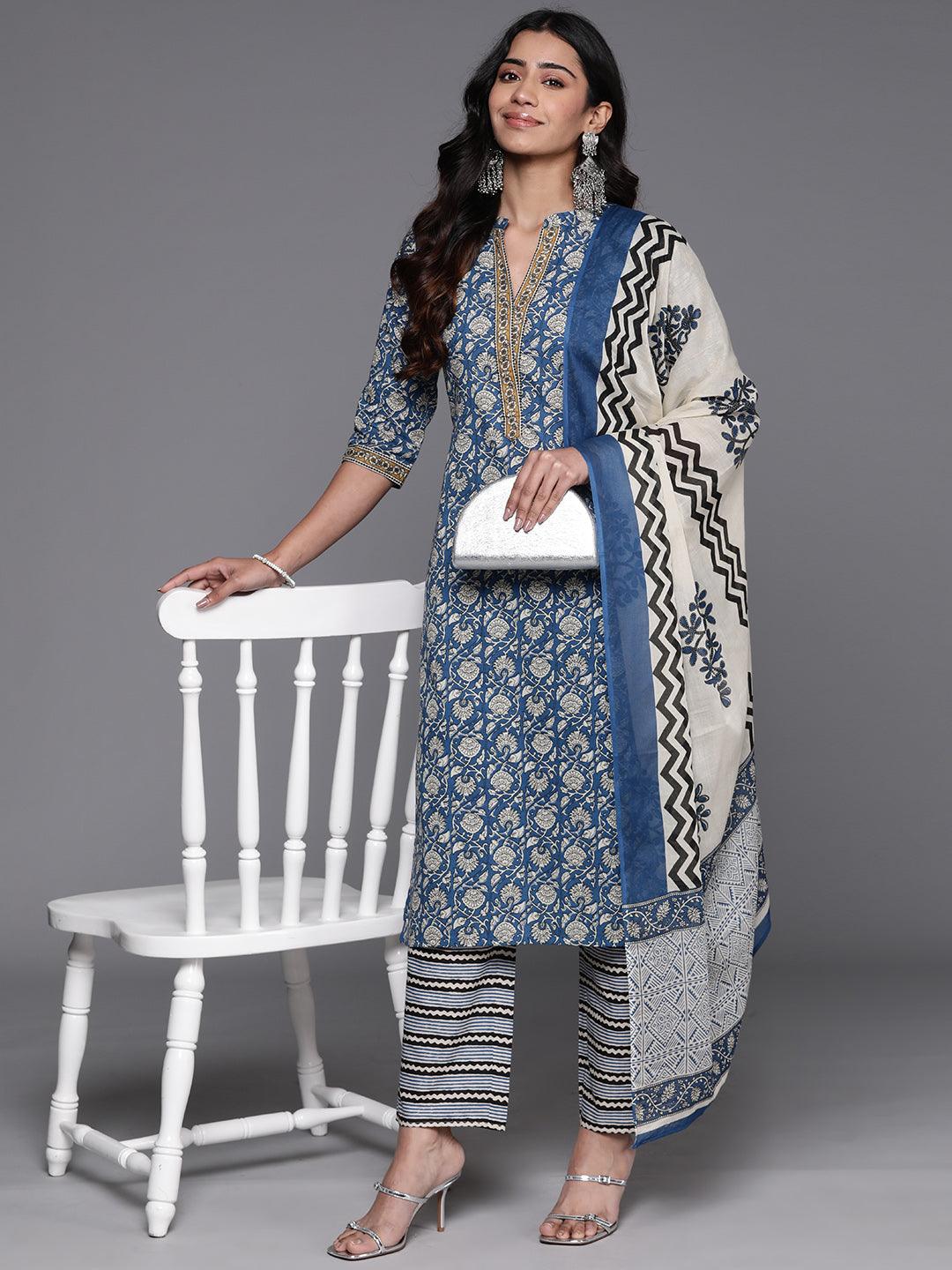 Blue Printed Cotton Straight Kurta With Trousers & Dupatta - ShopLibas