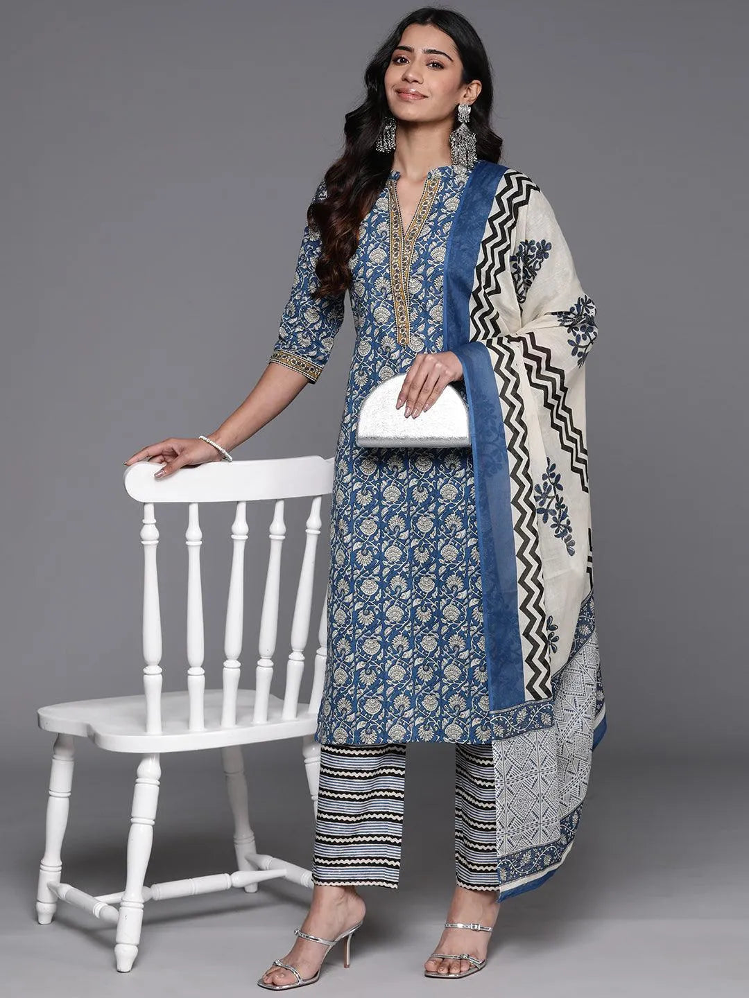 Blue Printed Cotton Straight Suit With Dupatta