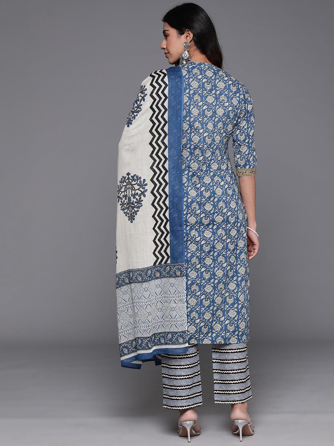 Blue Printed Cotton Straight Kurta With Trousers & Dupatta - ShopLibas