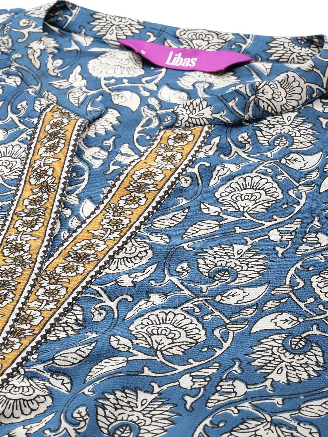 Blue Printed Cotton Straight Kurta With Trousers & Dupatta - ShopLibas