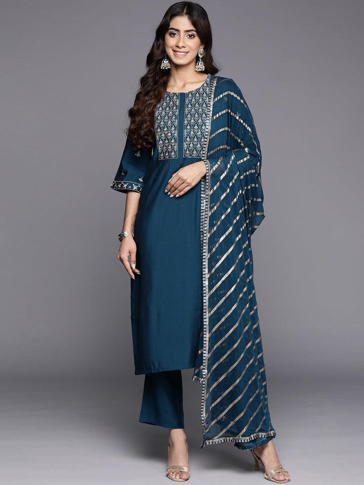 Blue Yoke Design Silk Blend Straight Suit With Dupatta