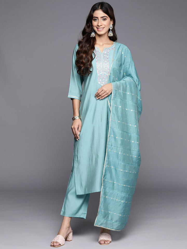 Blue Yoke Design Silk Blend Straight Suit With Dupatta