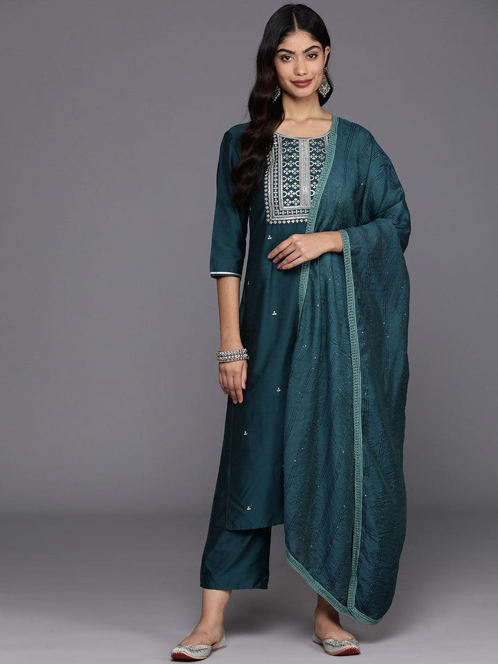 Blue Yoke Design Silk Blend Straight Suit With Dupatta