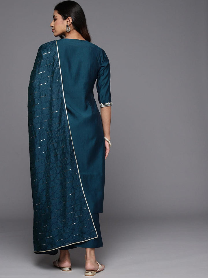 Blue Yoke Design Silk Blend Straight Suit With Dupatta