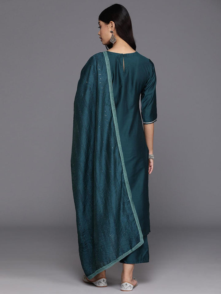 Blue Yoke Design Silk Blend Straight Suit With Dupatta