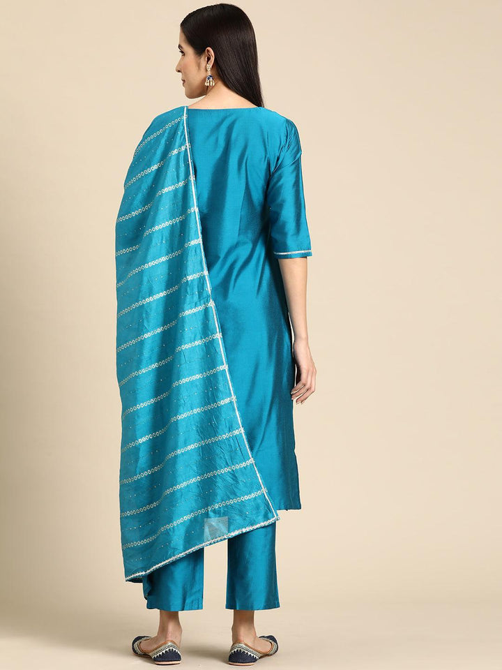 Blue Yoke Design Silk Blend Straight Suit With Dupatta