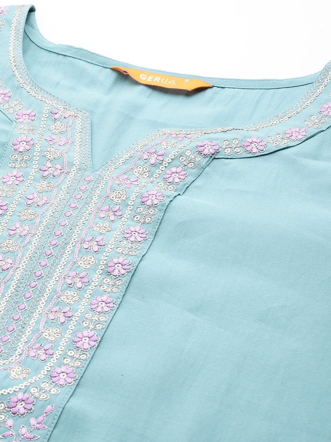 Blue Yoke Design Silk Blend Straight Kurta With Trousers & Dupatta - Libas