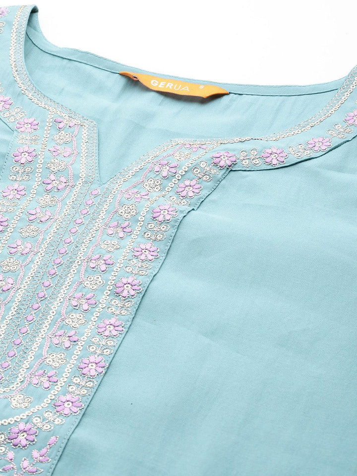 Blue Yoke Design Silk Blend Straight Suit With Dupatta