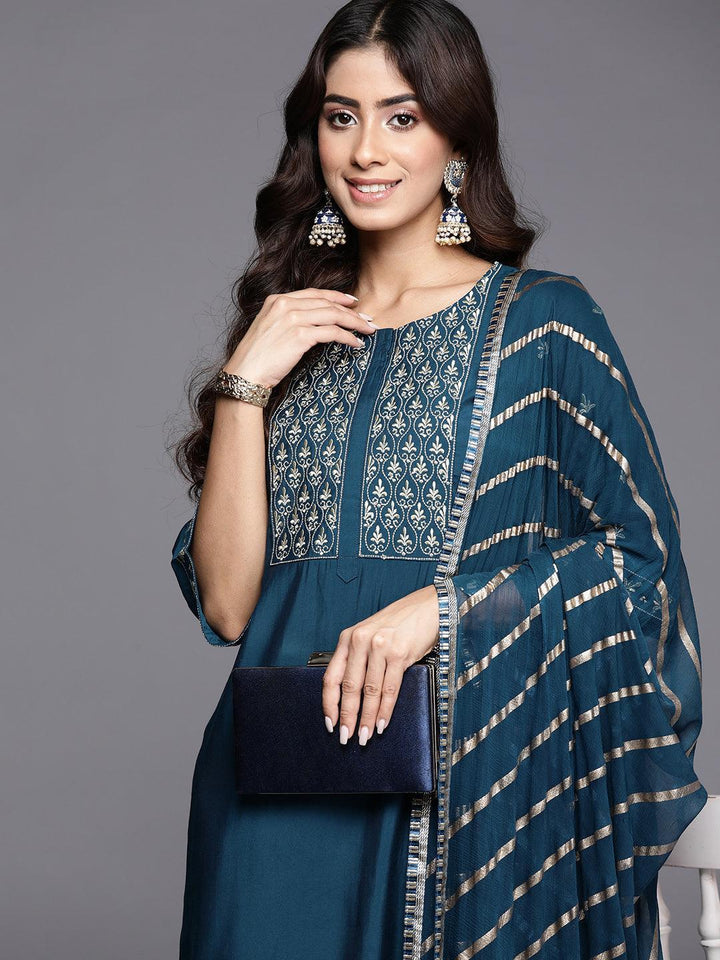 Blue Yoke Design Silk Blend Straight Suit With Dupatta