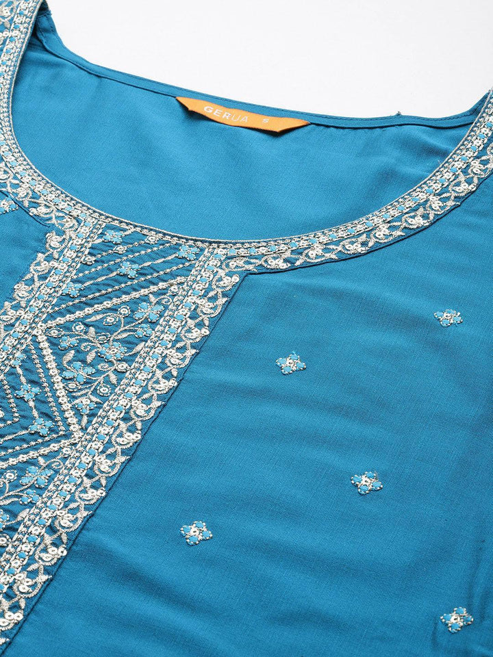 Blue Yoke Design Silk Blend Straight Suit With Dupatta