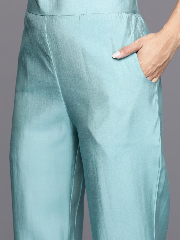 Blue Yoke Design Silk Blend Straight Suit With Dupatta