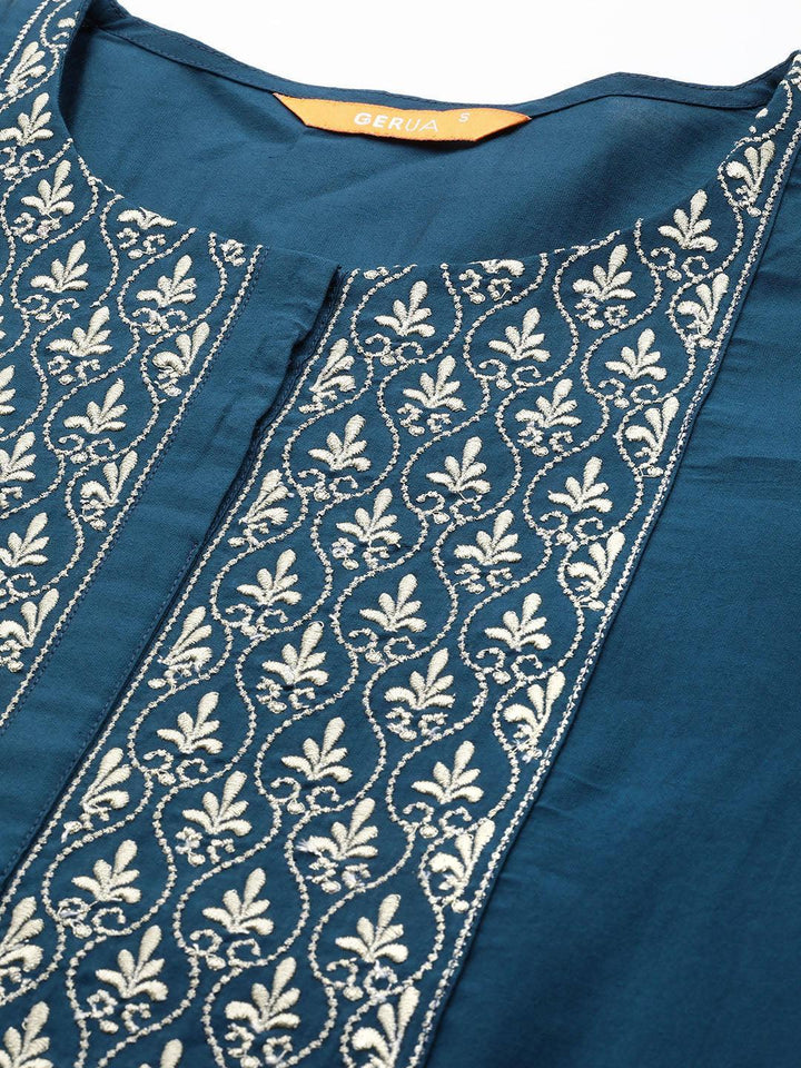 Blue Yoke Design Silk Blend Straight Suit With Dupatta