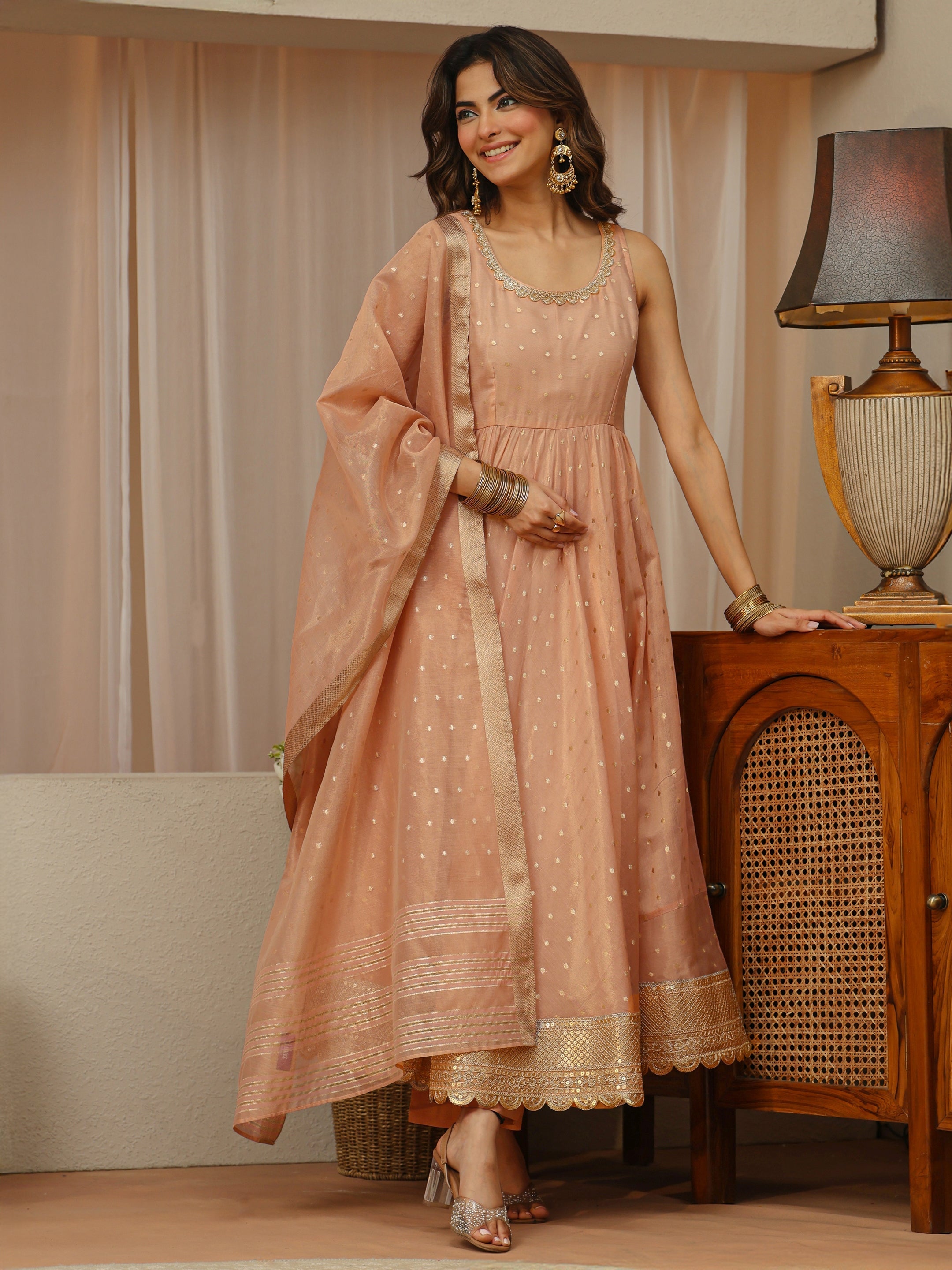 Buy Libas Blush Peach Woven Design Chanderi Silk Sleeveless Anarkali Suit Set Online in Canada at $98.00