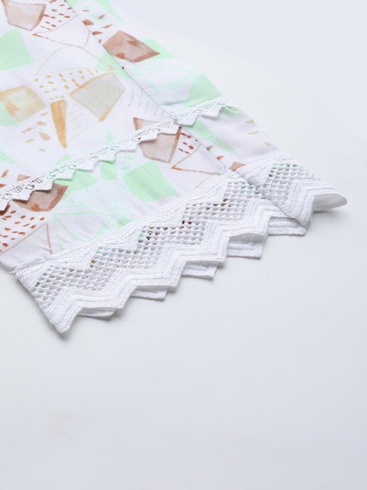 Cream Printed Cotton A-Line Kurta With Trousers