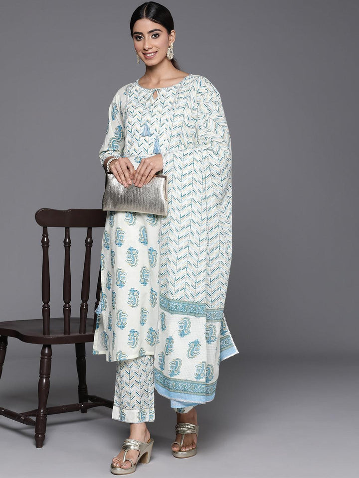 Cream Printed Cotton Straight Suit With Dupatta