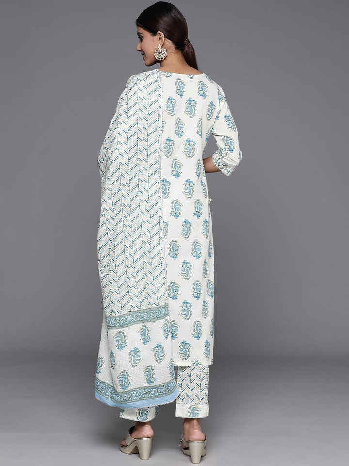 Cream Printed Cotton Straight Suit With Dupatta