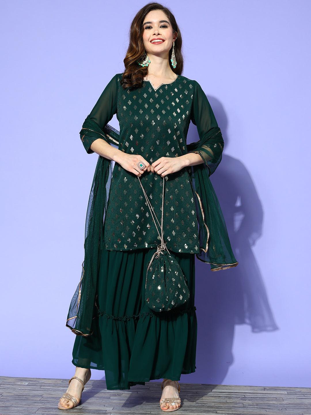 green emerald velvet dress Traditional Leaning Green Sharara Suit- Indian Clothing in Denver, Co and Aurora, CO- India Fashion x M main image 1
