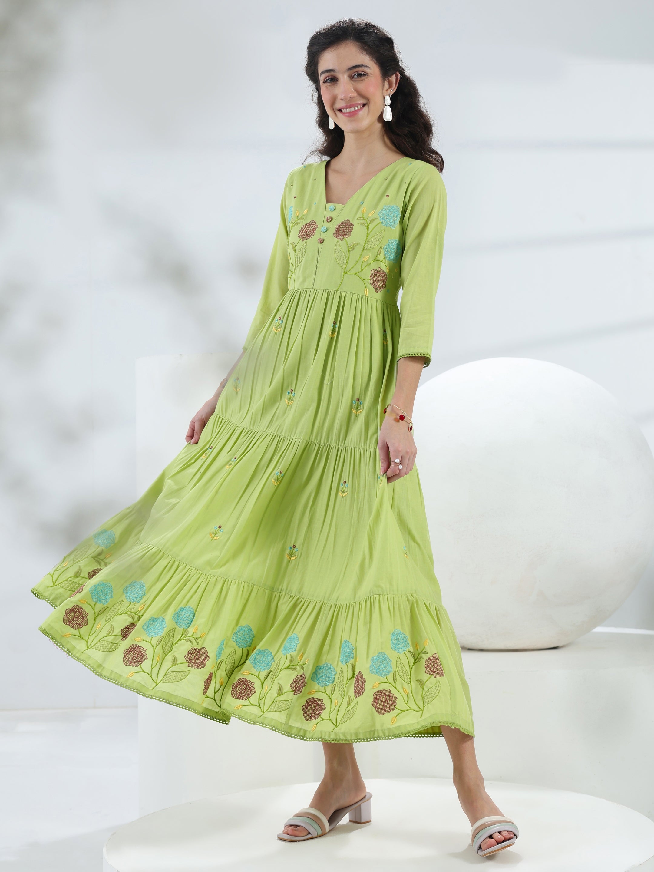 Buy Libas Green Floral Embroidered Cotton Fit-And-Flare One-Piece