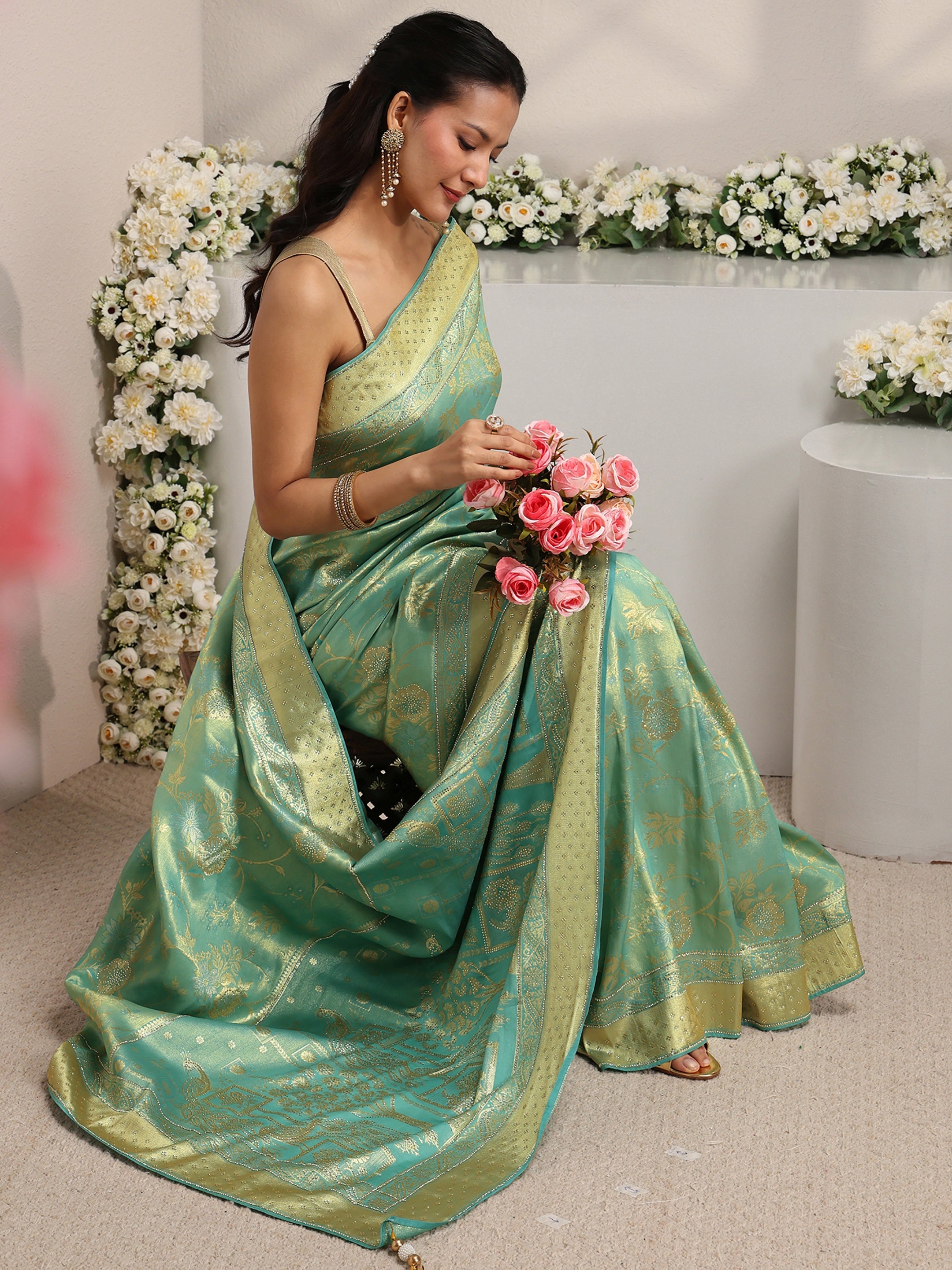 green saree dress design Libas Floral Woven Silk Blend With Unstitched Blouse Piece The intricate embroidery work 7X Option:Blazer 110$ Ready to Ship Pakistani