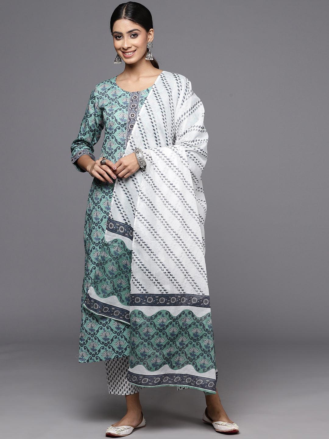 Green Printed Cotton Straight Kurta With Trousers & Dupatta