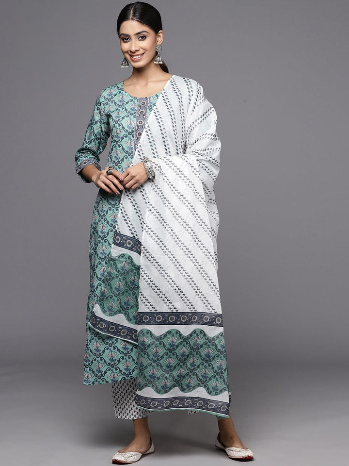 Green Printed Cotton Straight Kurta With Trousers & Dupatta