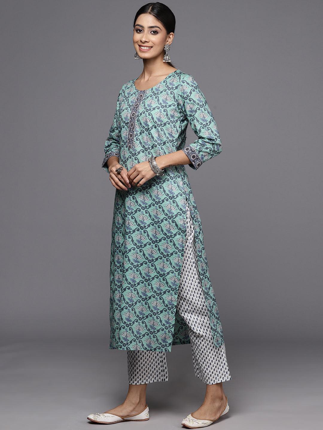 Green Printed Cotton Straight Kurta With Trousers & Dupatta