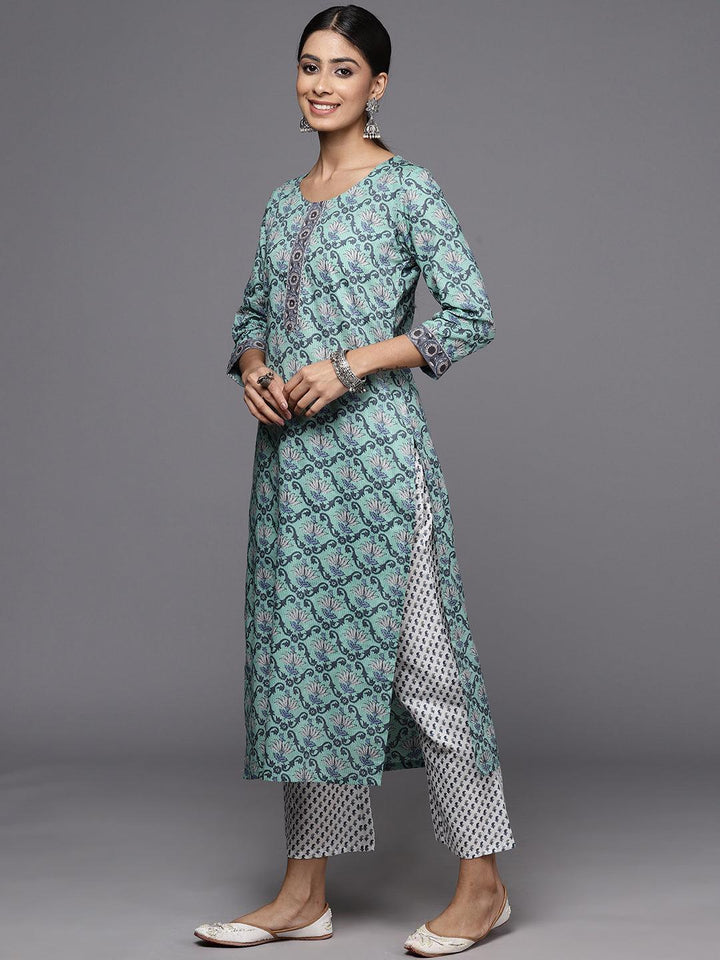 Green Printed Cotton Straight Kurta With Trousers & Dupatta